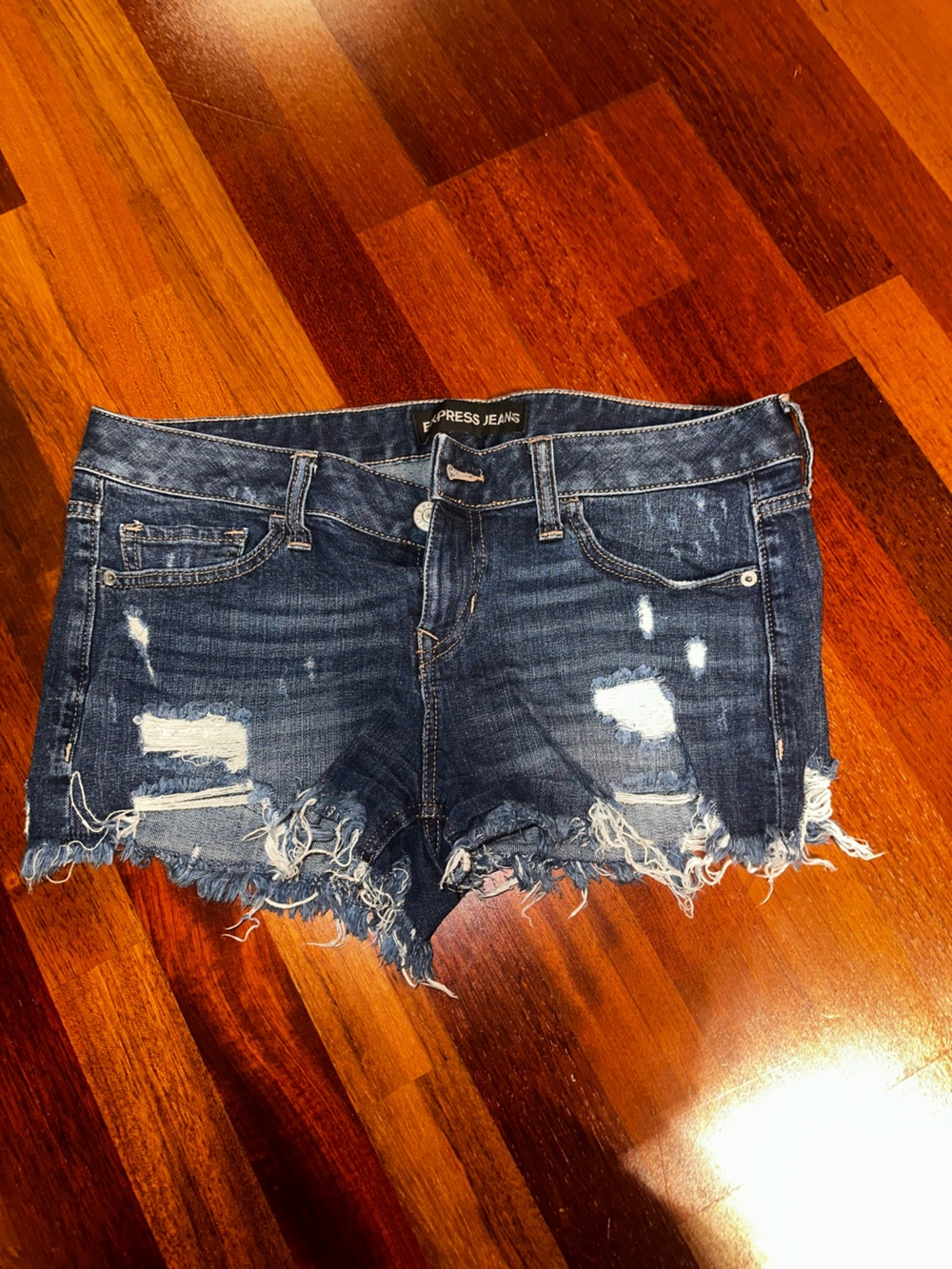 Express Distressed Dark Blue Denim Cutoff Shorts